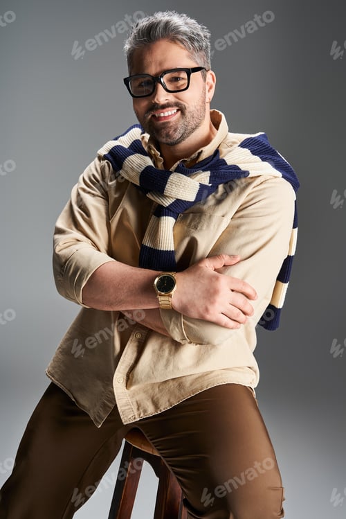 Preview: Stylish man in glasses showcasing refined elegance in studio setting