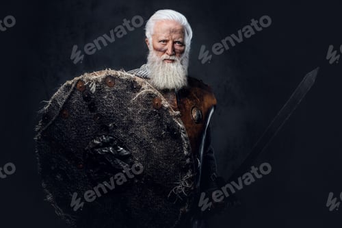 Preview: Elderly knight with shield and sword against dark background