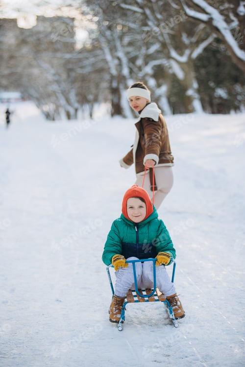 Preview: Mother pulling son on sled enjoying winter park