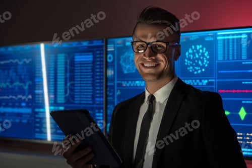 Preview: The smiling businessman holding a tablet in the red lab