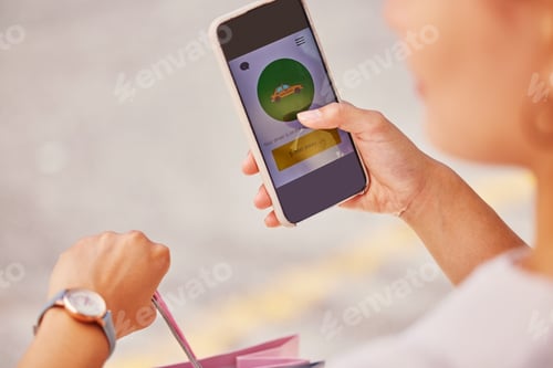Preview: Woman, phone or transport travel app after retail shopping in clothes sales store in city. Hands, w