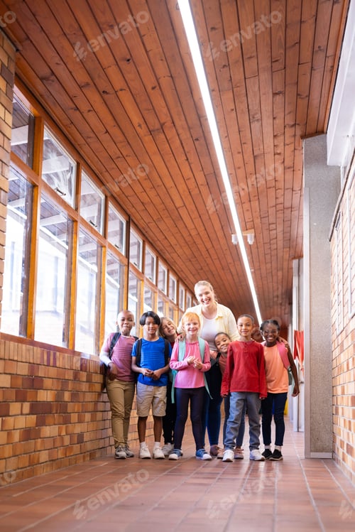 Visualização: professora feminina com um grupo diversificado de estudantes em pé no corredor da escola, sorrindo
