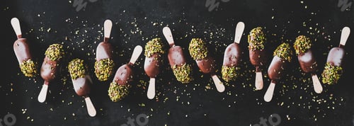Preview: Chocolate glazed ice cream pops over black background, wide composition