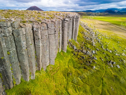 Preview: Areal view of Gerduberg basalt column cliffs, Snæfellsnes Peninsula, Iceland