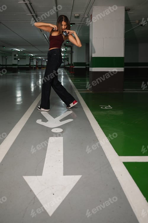 Preview: Young woman dancing urban style in parking garage