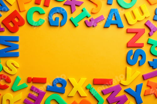 Preview: Frame made of plastic magnetic letters on color background, top view with space for text
