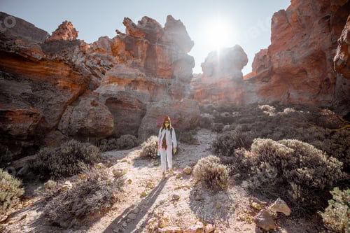 Preview: Woman traveling on the rocky terrain