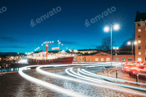 Preview: Helsinki, Finland. View Of Pohjoisranta Street In Evening Or Night Illumination