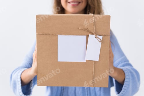 Preview: Online shopping, delivery and fashion concept - Woman sitting at home holds online clothing purchase