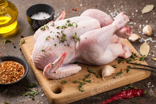 Preview: Fresh raw chicken on cutting board and spices for cooking