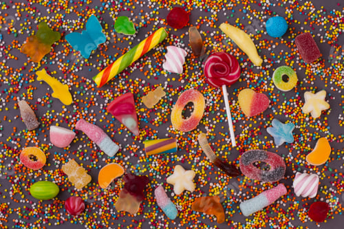 Preview: Colorful candies and lollipops over stone background.