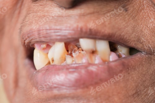 Preview: close up of senior women's dental caries and some broken teeth