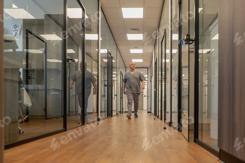 Preview: corridor professional laboratory for making dental prosthesis veneers glass doors modern office man