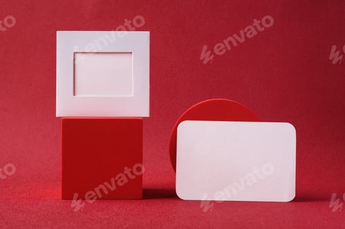 Preview: mockup blank paper frame with pedestal on red background