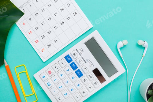 Preview: Top view flat lay of workspace desk styled design office supplies with calendar