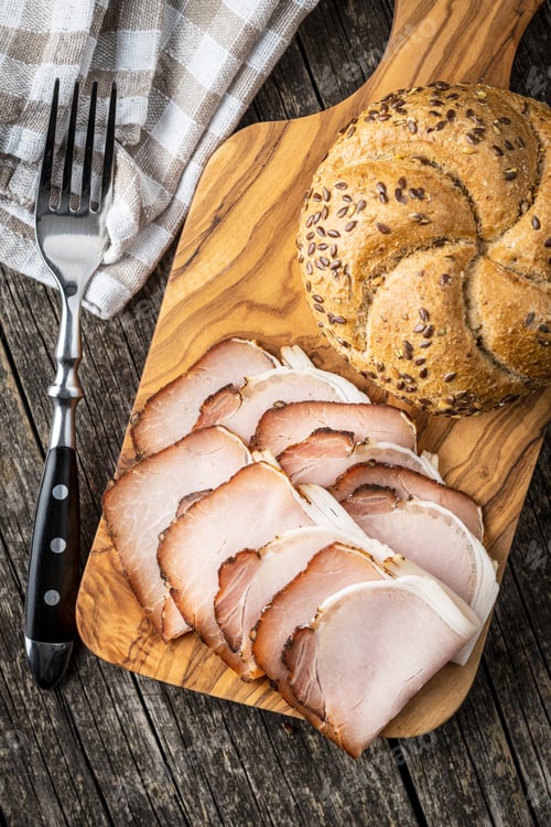 Preview: Sliced smoked ham. Tasty pork meat.