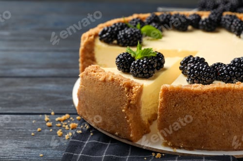 Preview: Sliced delicious cheesecake with blackberries on wooden table, closeup