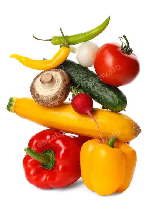Preview: Many different delicious vegetables on white background