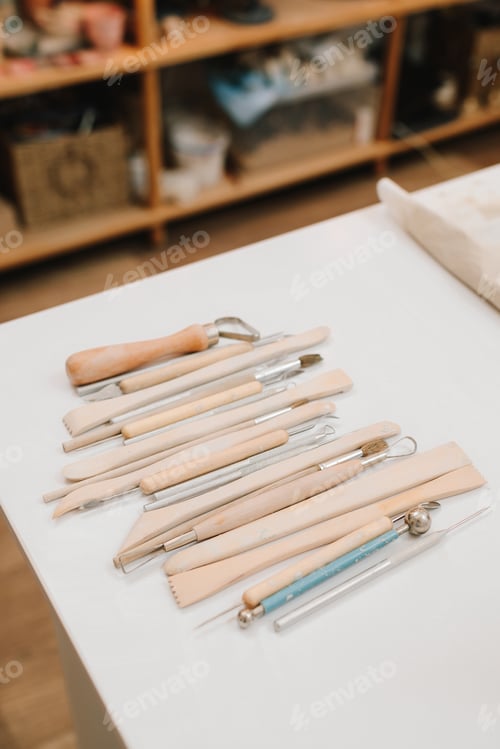 Preview: Clay sculpting tools for pottery. Complete set of craft instruments in studio