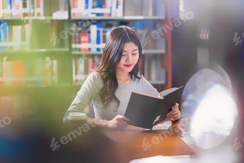 Preview: Asian young Student in casual suit reading the book with a cup of coffee in library of university