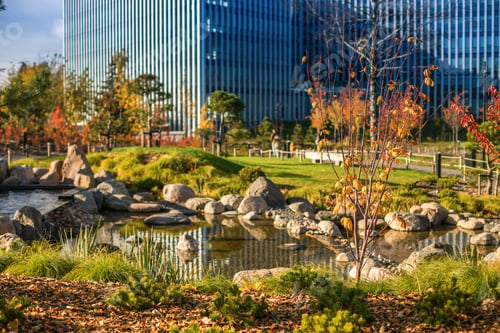 Preview: A tranquil urban park with a small pond surrounded by rocks and greenery