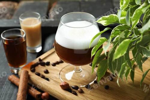 Preview: Concept of delicious drink with Irish coffee on wooden board