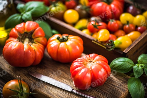 Preview: Colorful variety of fresh tomatoes on wooden serving board