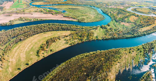 Preview: Panorama Aerial View Green Forest Woods And River Landscape In Sunny Spring Summer Day. Top View Of