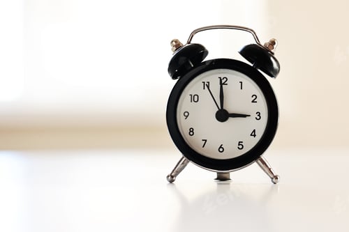 Preview: Modern black and white alarm clock in retro style isolated on white and grey background with shadow