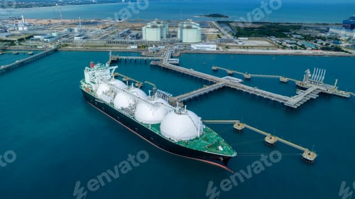 Preview: LNG (Liquified Natural Gas) tanker anchored in Gas terminal gas tanks for storage.