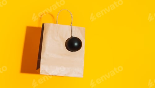 Preview: Paper bag with black matte bauble against yellow background