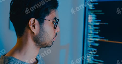 Preview: Closeup young adult Asia male freelance typing write prompt AI bot IT app smart program nomad.