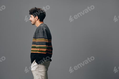 Preview: Gesture man male fashion sweater trendy hipster attractive portrait smile copyspace face one