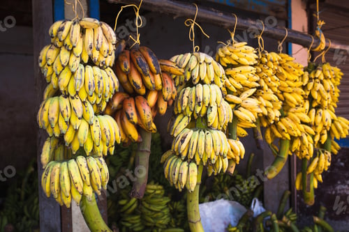 Preview: Bunches of bananas fresh cut from a tree on sale in the market in Asia.