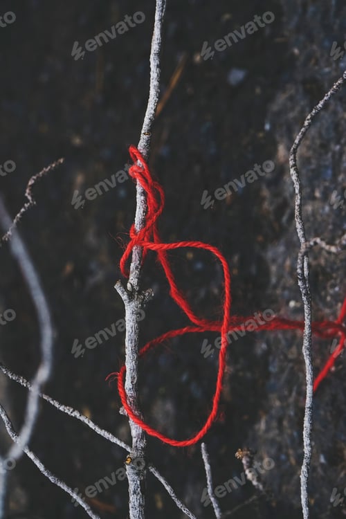 Preview: Red thread tangled in a dry branch