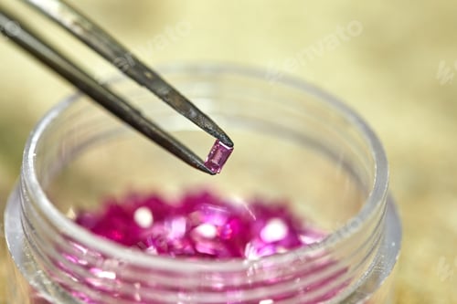 Preview: Ruby held by tweezers on the background of rubies in the bo
