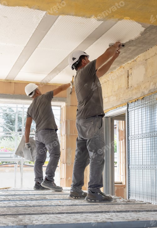 Preview: Craftsmen in grey clothes working inside a room standing on scaffoldings during construction