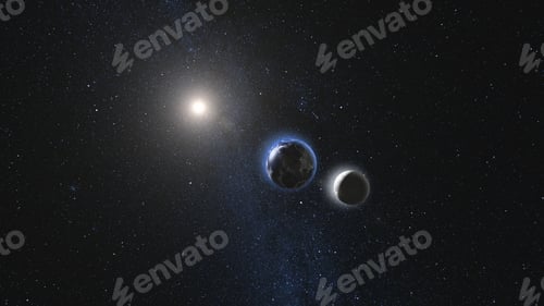 Preview: Earth and Moon rotating and approach in open space