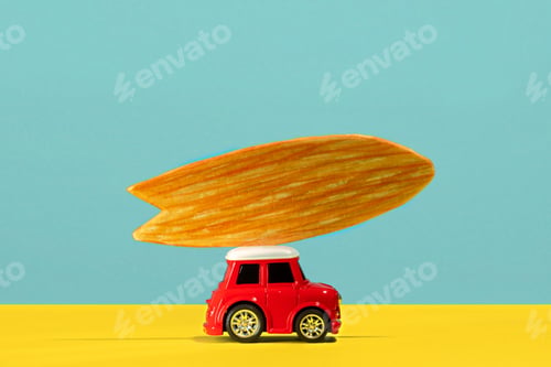 Preview: Cute little car with surfboard on blue and yellow background