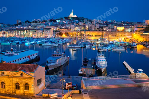 Preview: Marseille Old Port in the night. Marseille, France