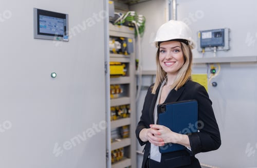 Preview: Portrait of female chief engineer in modern industrial factory using tablet.