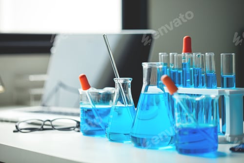 Preview: A table with a laptop, a few beakers and test tubes