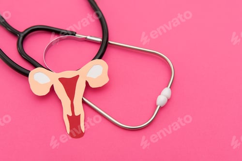 Preview: close up of Stethoscope and paper uterus on pink background, women's Gynecology health Concept
