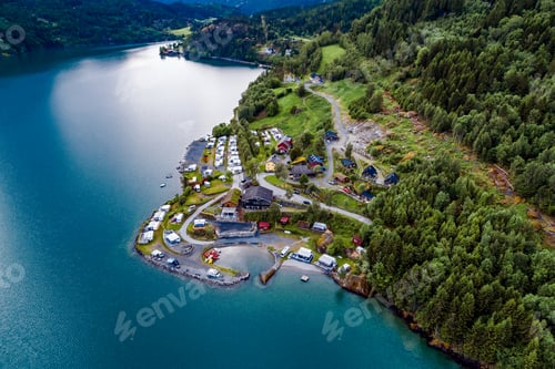 Preview: Beautiful Nature Norway Aerial view of the campsite to relax.