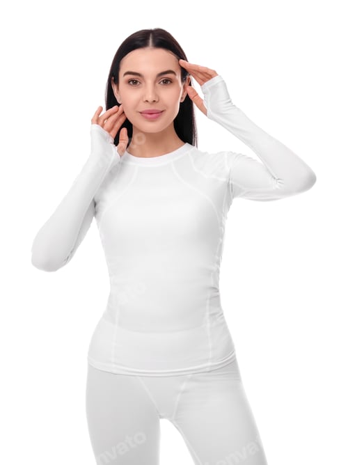 Preview: Woman in warm thermal underwear on white background