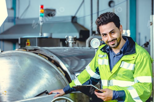 Preview: engineer male worker working in factory work check boiler water pipe in factory, portrait smile.