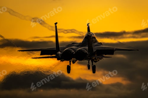 Preview: Army fighter jet departing from the airport on the background of the calm yellow sunset