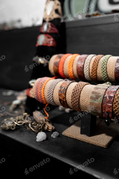 Preview: A collection of colorful leather bracelets are being exhibited in a jewelry