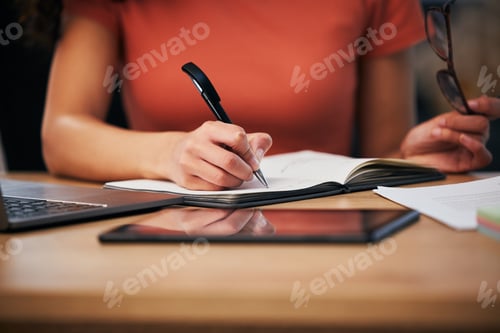 Preview: Notebook, pen and hands of person writing summary notes, schedule or event planner working on appoi