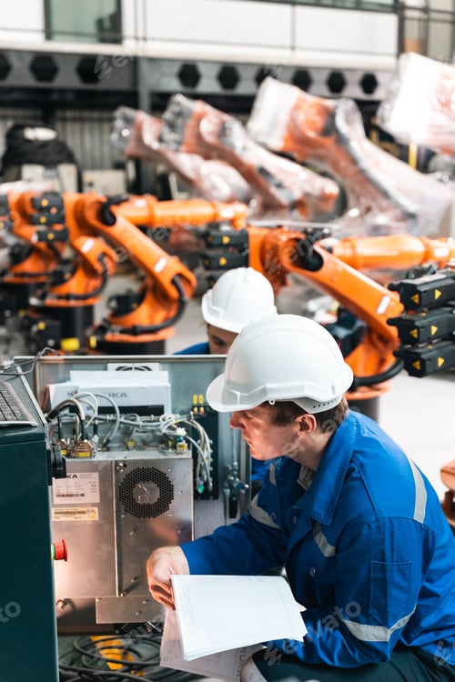 Preview: Industrial robot factory engineer technician safety helmet automation maintenance inspection